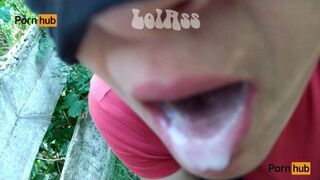 I kneel in a public park to give him a hands-free blowjob and he fills my mouth with cum - LolAss
