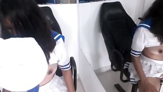 Hot schoolgirl cheating with her besfriend in the restroom of school and hard fuck her tight wet pussy and cum inside