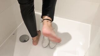 Pissing and cum on clear high heel mules