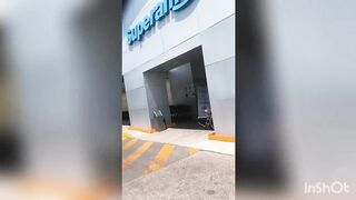 Blonde teen has orgasm in a parking lot in front of supermarket