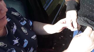 bitch sucks cock in a public place and gets a mouthful of cum