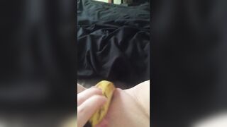 Teen fucks her tight little pussy with a banana & squirts everywhere