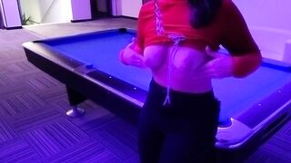shows tits on the pool table