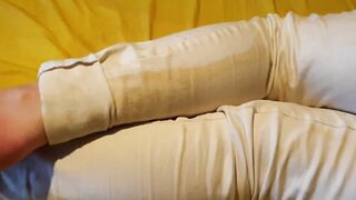 Bedwetting in pee stained white jeans. Feeling lazy and wet the bed again ;P