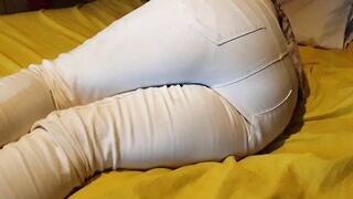 Bedwetting in pee stained white jeans. Feeling lazy and wet the bed again ;P