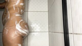 hot brunette with big ass made a video call to her boss while taking a shower
