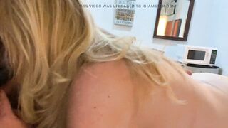Blonde milf sucks a fat hairy cock while getting her ass and hairy pussy played with