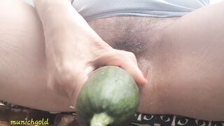 hot hairy german milf pisses with cucumber in cunt