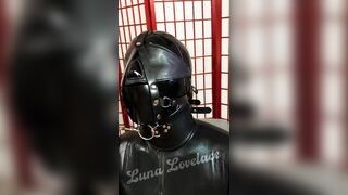 Rubber doll padlocked and Gagged Handjob / Catsuit / Blindfold