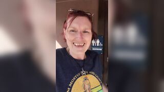 Fun hippy mom is bursting for the loo on a road trip