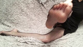 Fishnet tights and naked pussy upskirt