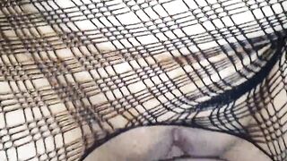 Amateur wife in black fish net gets cum on her sexy ass