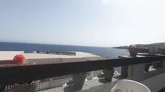 Another blowjob on open terrace with cum swallow