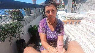 Blowjob on our terrace with some handfree sucking. Cum in mouth & swallow