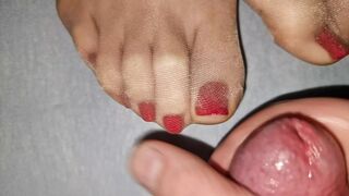 Cum on nylon red toenails