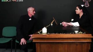 CFNM nun wanking priest cock in group