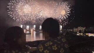 Romantic night, fireworks and handjobs from a girl in Kimono. Cum extreme.