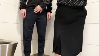 Son-in-law could not resist and lifted his mother-in-law's skirt to cum on her thick sexy thighs in a public toilet