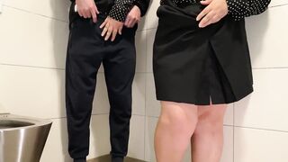 Son-in-law could not resist and lifted his mother-in-law's skirt to cum on her thick sexy thighs in a public toilet