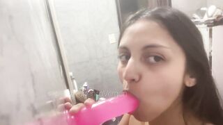Cute Latina with a Slutty face gives a BLOWJOB to her dildo