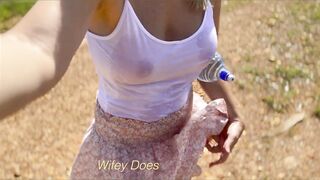 MILF Hiking with a wet white shirt and no panties