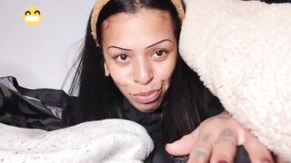 Latina brunette gives boyfriend blowjob under blankets